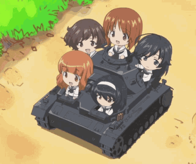 a group of girls are riding on top of a black tank