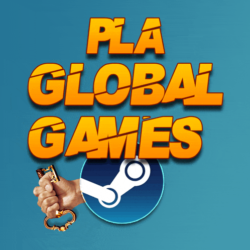 an advertisement for pla global games shows a steam logo