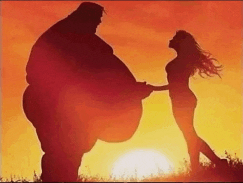 a silhouette of a fat man holding a woman 's hand against a sunset .