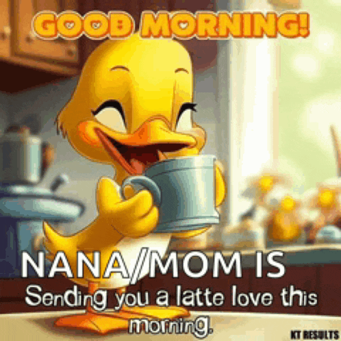 a cartoon duck is holding a cup of coffee and saying good morning