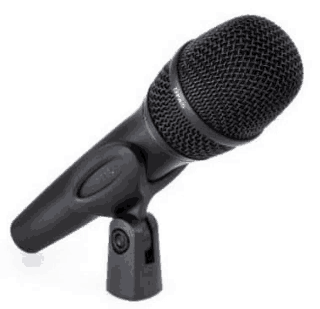 a black microphone is sitting on a stand on a white surface .