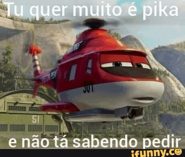 a cartoon helicopter is flying over a mountain in a funny meme .