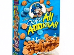 a box of oops all adderall cereal with a cartoon character on it