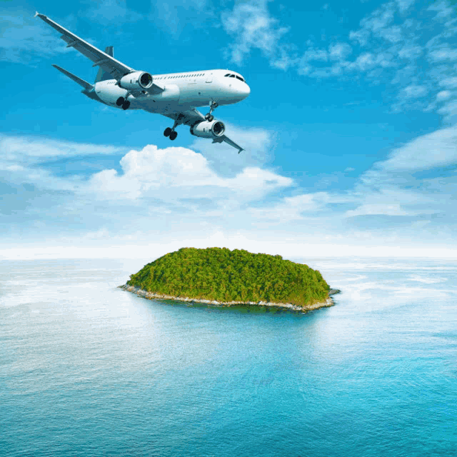 a plane is flying over a small island in the middle of the ocean