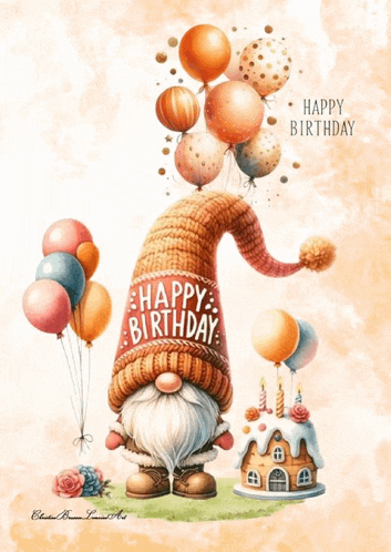 a birthday card with a gnome and balloons that says happy birthday