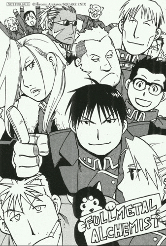 a black and white drawing of a group of people titled fullmetal alchemist