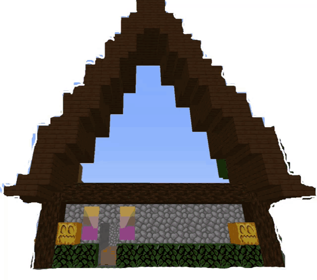 a minecraft drawing of a building with a triangle shaped archway