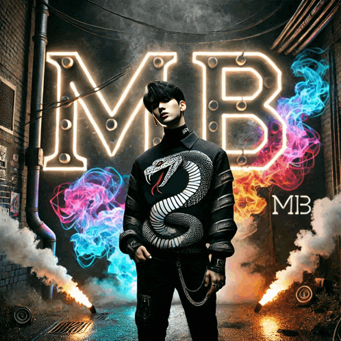 a man stands in front of a neon sign that says mb on it