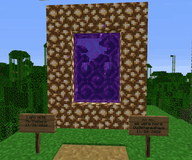 a minecraft screenshot of a portal with a sign that says " i was here "