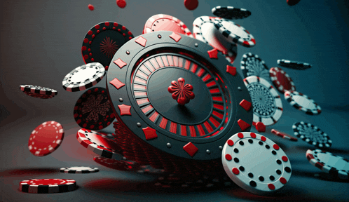 a roulette wheel is surrounded by red and white poker chips