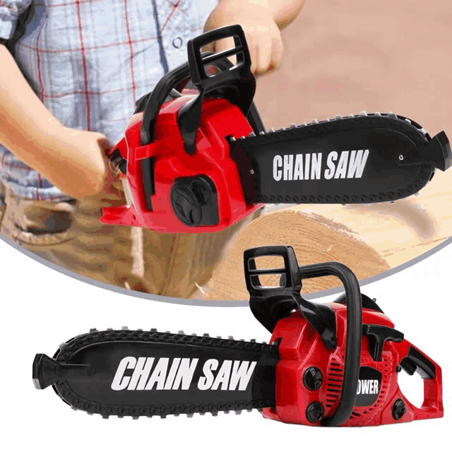 a child is playing with a red chain saw toy