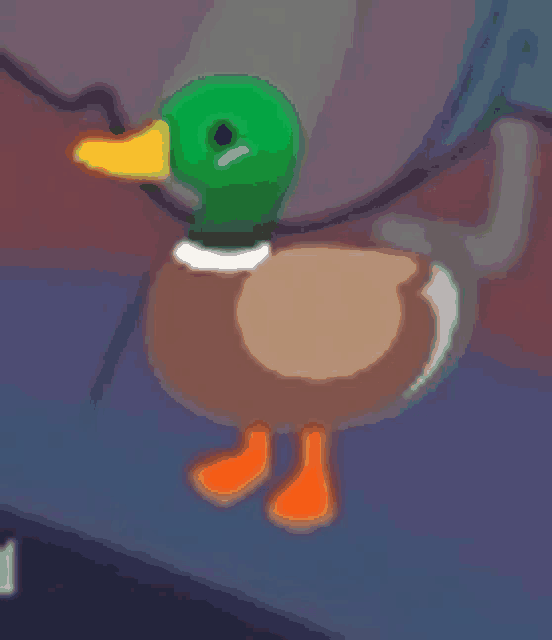 a cartoon duck with a green head and orange legs is standing on a purple surface .