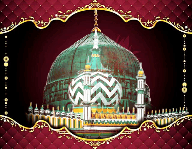 a picture of a mosque with a green dome on a red background