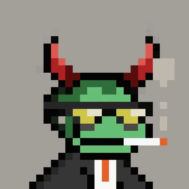 a pixel art of a monster wearing a suit and tie smoking a cigarette