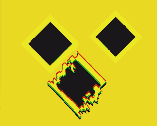 a yellow background with a black square and a green square