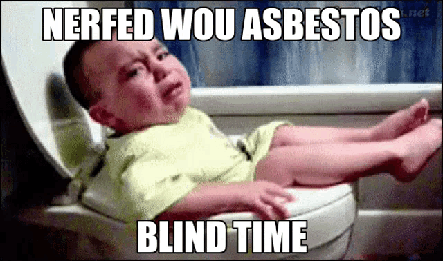 a baby is crying while sitting on a toilet with a caption that says " nerfed wou asbestos blind time "