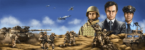 a painting of soldiers and a police officer in a desert