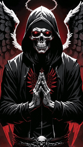 a grim reaper with a hood and wings is praying with his hands folded