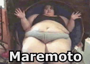 a very fat woman is sitting in a chair with her arms outstretched and the words maremoto above her .