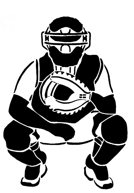 a black and white drawing of a baseball catcher wearing a helmet and glove