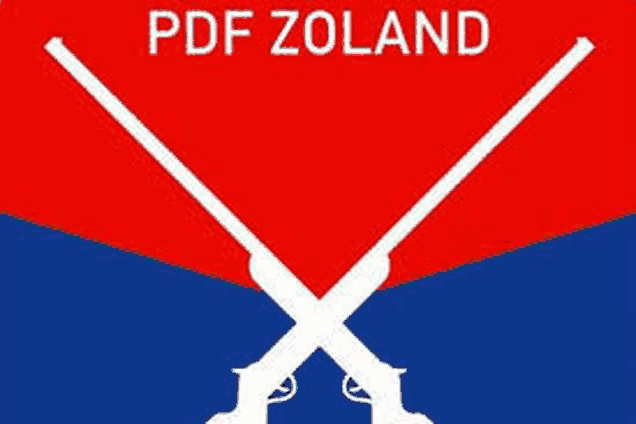 a red , blue and white flag with two crossed guns and the words `` pdf zoland '' .