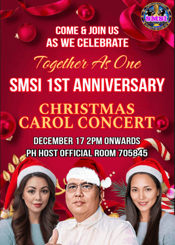 an advertisement for smsi 's 1st anniversary christmas carol concert on december 17