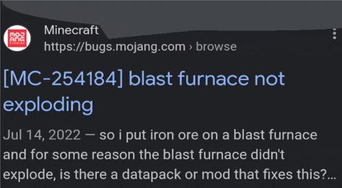 a screenshot of a tweet from minecraft that says " blast furnace not exploding "