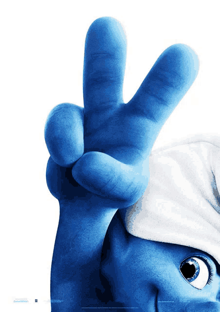 a smurf giving a peace sign on a white background