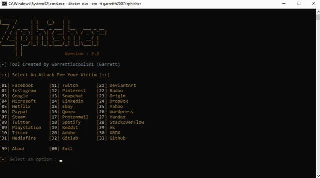 a screenshot of a program called zphisher