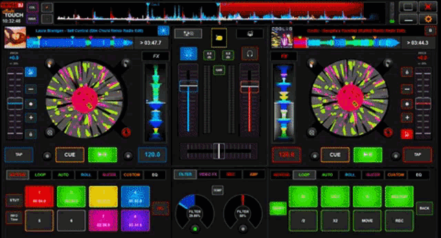 a computer screen shows a dj 's mixer with the cue button on the bottom right