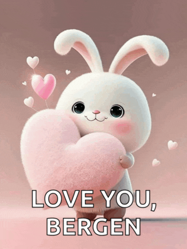 a bunny rabbit holding a pink heart with the words love you bergen below it