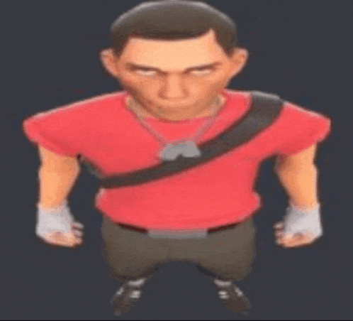 a cartoon character wearing a red shirt and black pants is standing in front of a dark background .