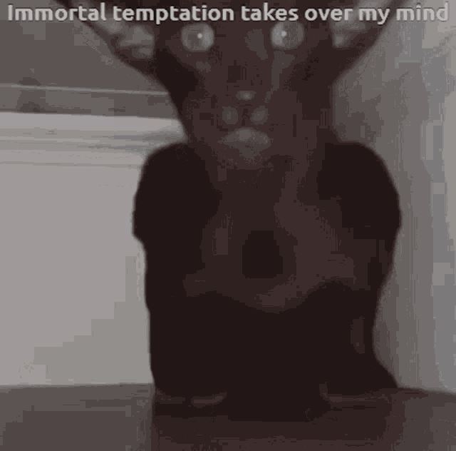 a black cat is looking at the camera with the words immortal temptation takes over my mind above it