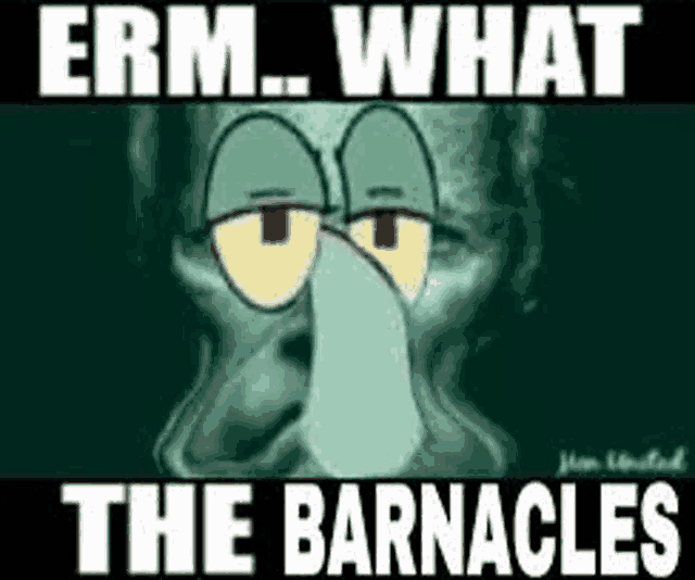 a picture of squidward from spongebob squarepants with the words `` erm what the barnacles '' written on it .