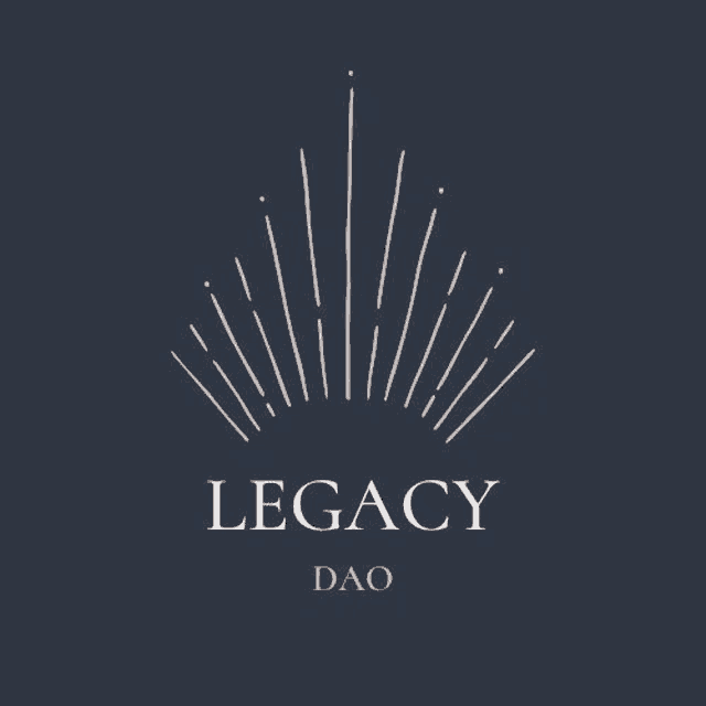 a logo for a company called legacy dao with a crown on a dark blue background .