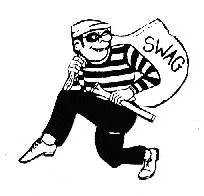 a black and white drawing of a thief carrying a bag that says swag .