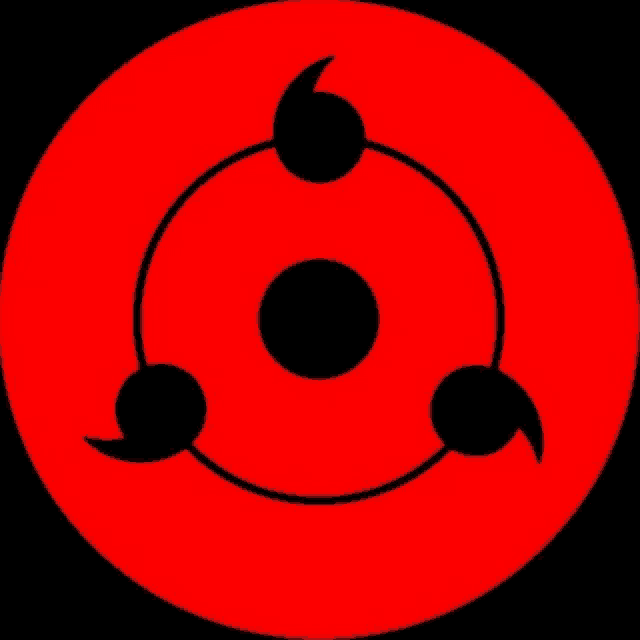 a close up of a red circle with three black circles in the middle .