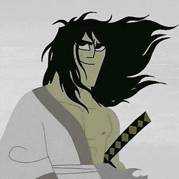 a cartoon samurai with long black hair is holding a sword in his hand .