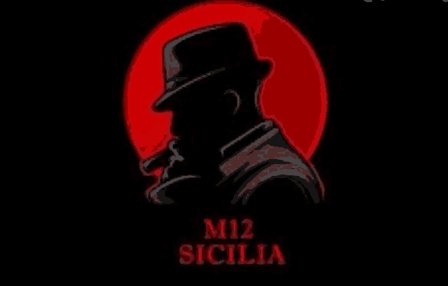 a silhouette of a man in a hat with the words m12 sicilia on the bottom .