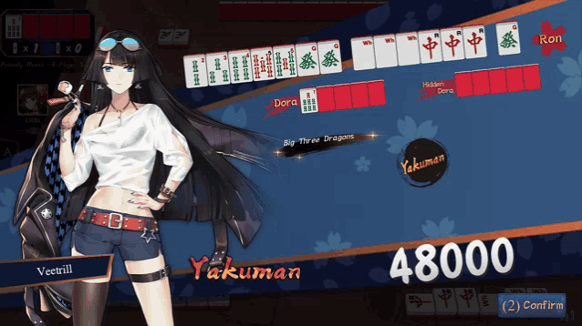 a screenshot of a video game with a girl named veetrill playing yakuman