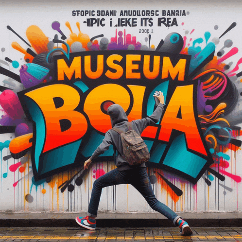 a person standing in front of a wall with graffiti that says museum bola