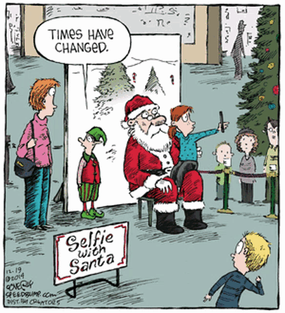 a cartoon shows a selfie with santa