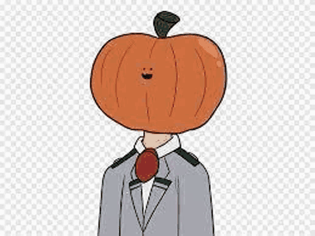 a man in a suit and tie with a pumpkin instead of a head .