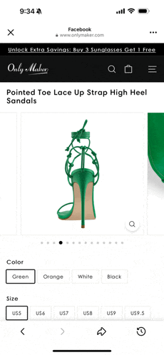 a screenshot of a facebook page showing a pair of green lace up strap high heel sandals