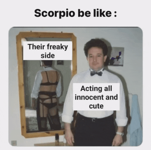 a man in a bow tie is standing in front of a mirror with a caption that says " scorpio be like "