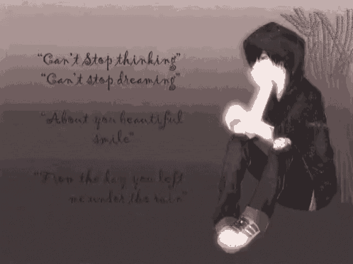 a drawing of a boy with a quote that says " can 't stop thinking " " can 't stop dreaming "