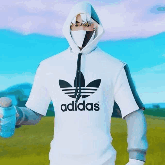 a person wearing a white adidas hoodie and a mask .