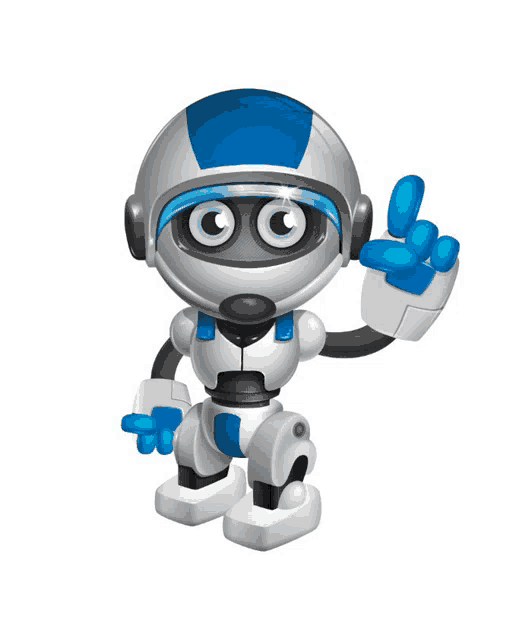 a cartoon robot with a blue helmet and headphones is giving a peace sign