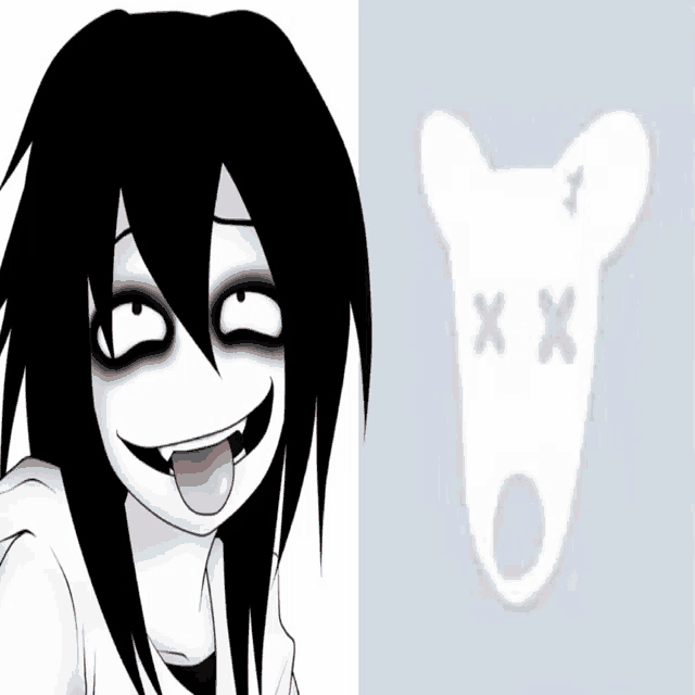 a drawing of a girl with her tongue out next to a picture of a dead animal with x 's on it