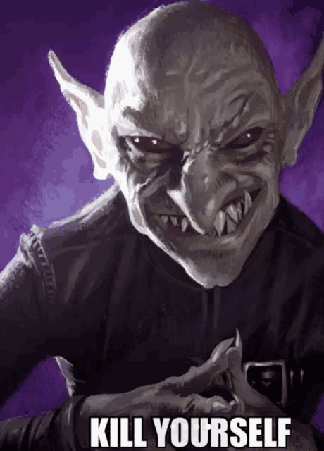 a picture of a goblin that says kill yourself on it